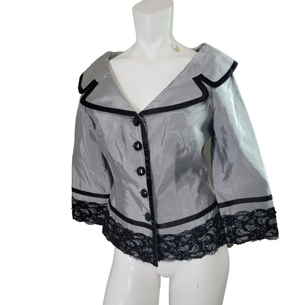 Victor Costa size 4 blazer lightweight jacket button lace sequin flower collar